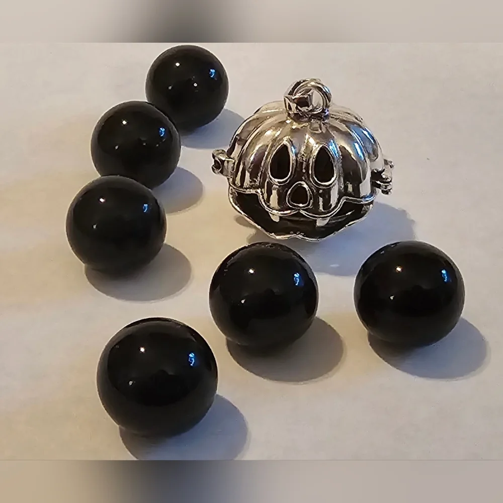 Halloween Silver Color Pumpkin Cage with 10mm Black Obsidian Gemstone Necklace - Picture 1 of 11